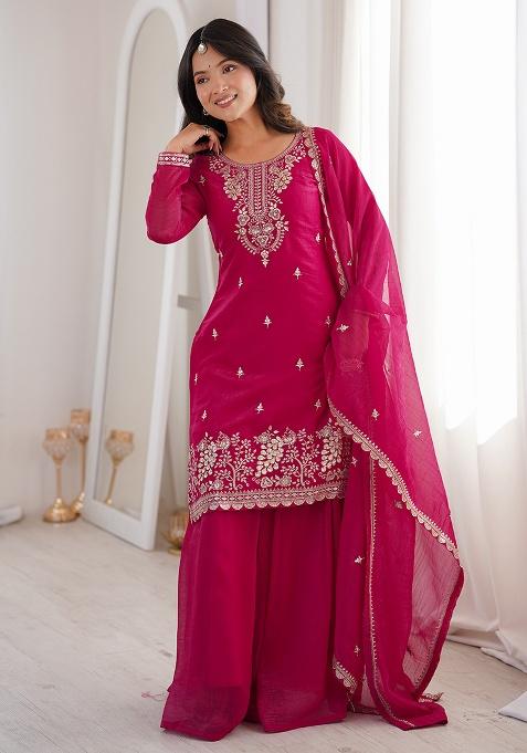 Baby Pink Sequin Silk Sharara Set