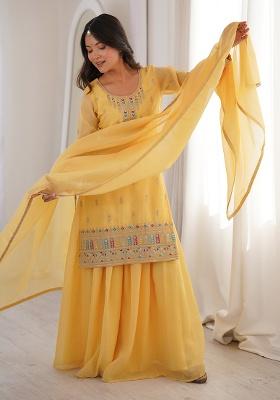 Yellow Sequin Silk Sharara Set