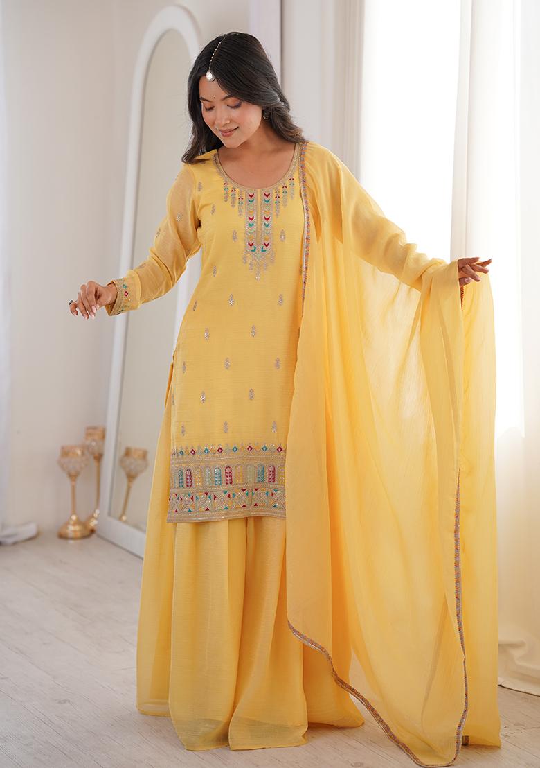 Yellow Sequin Silk Sharara Set - Indya