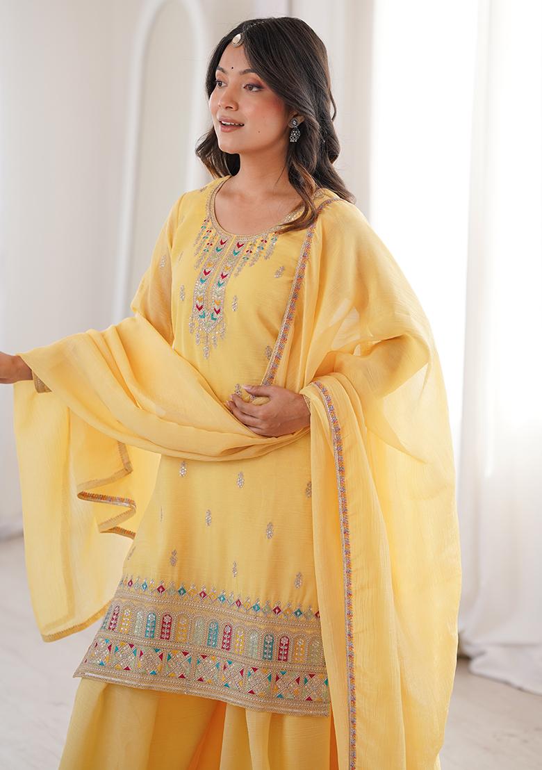 Yellow Sequin Silk Sharara Set - Indya