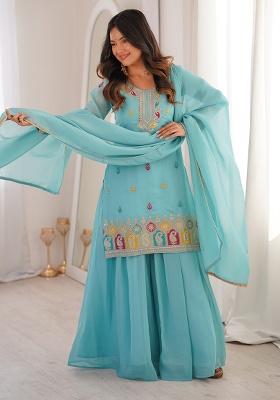 Sky Blue Sequin Silk Sharara Set