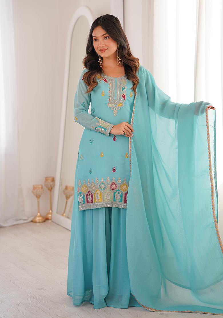 Sky Blue Sequin Silk Sharara Set - Indya