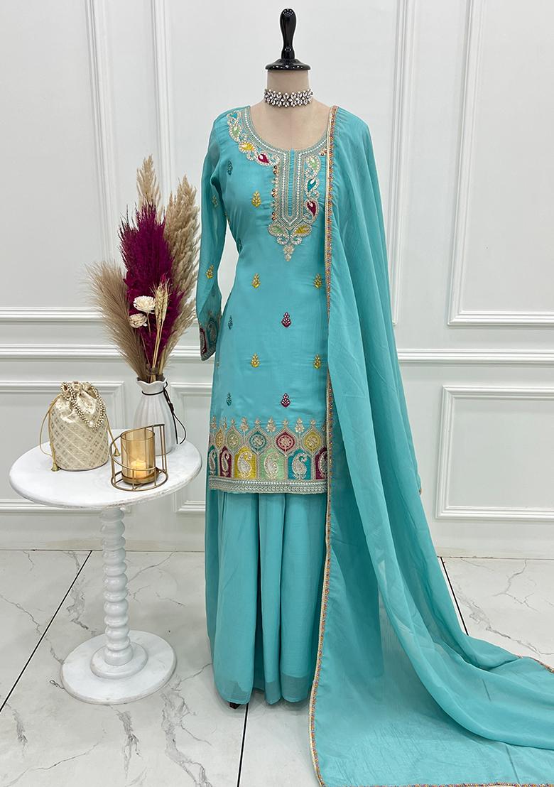 Sky Blue Sequin Silk Sharara Set - Indya
