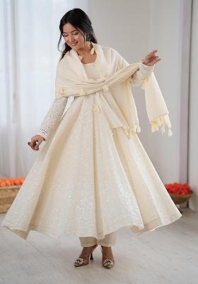 White Chikankari Cotton Anarkali Set