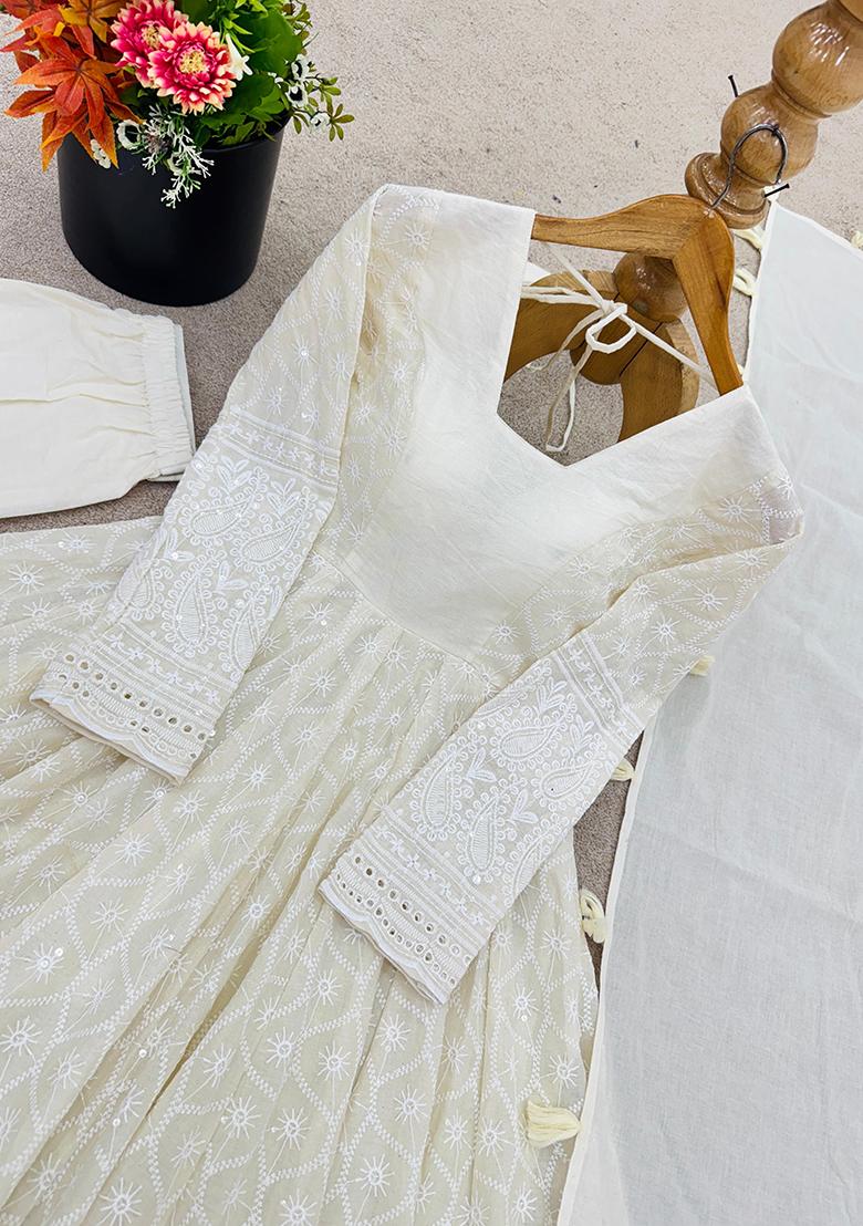 White Schiffli Work Cotton Anarkali Set - Indya