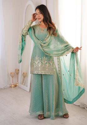 Teal Lace Border Silk Palazzo Set