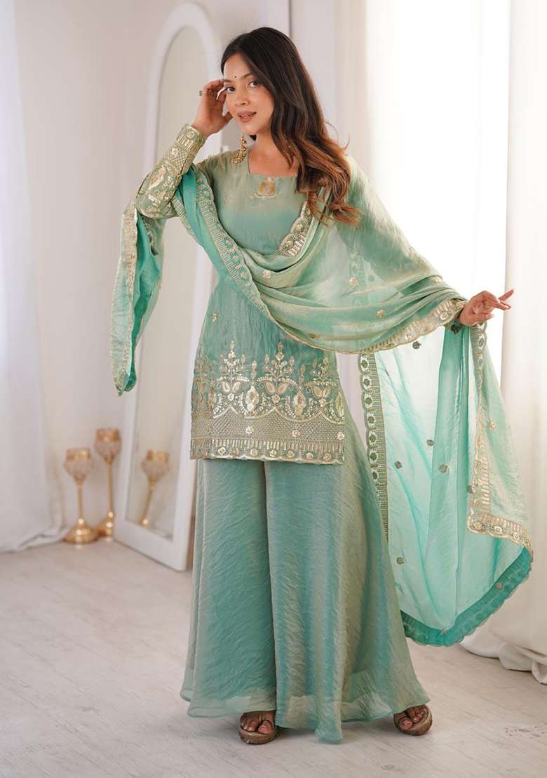 Teal Lace Border Silk Palazzo Set - Indya