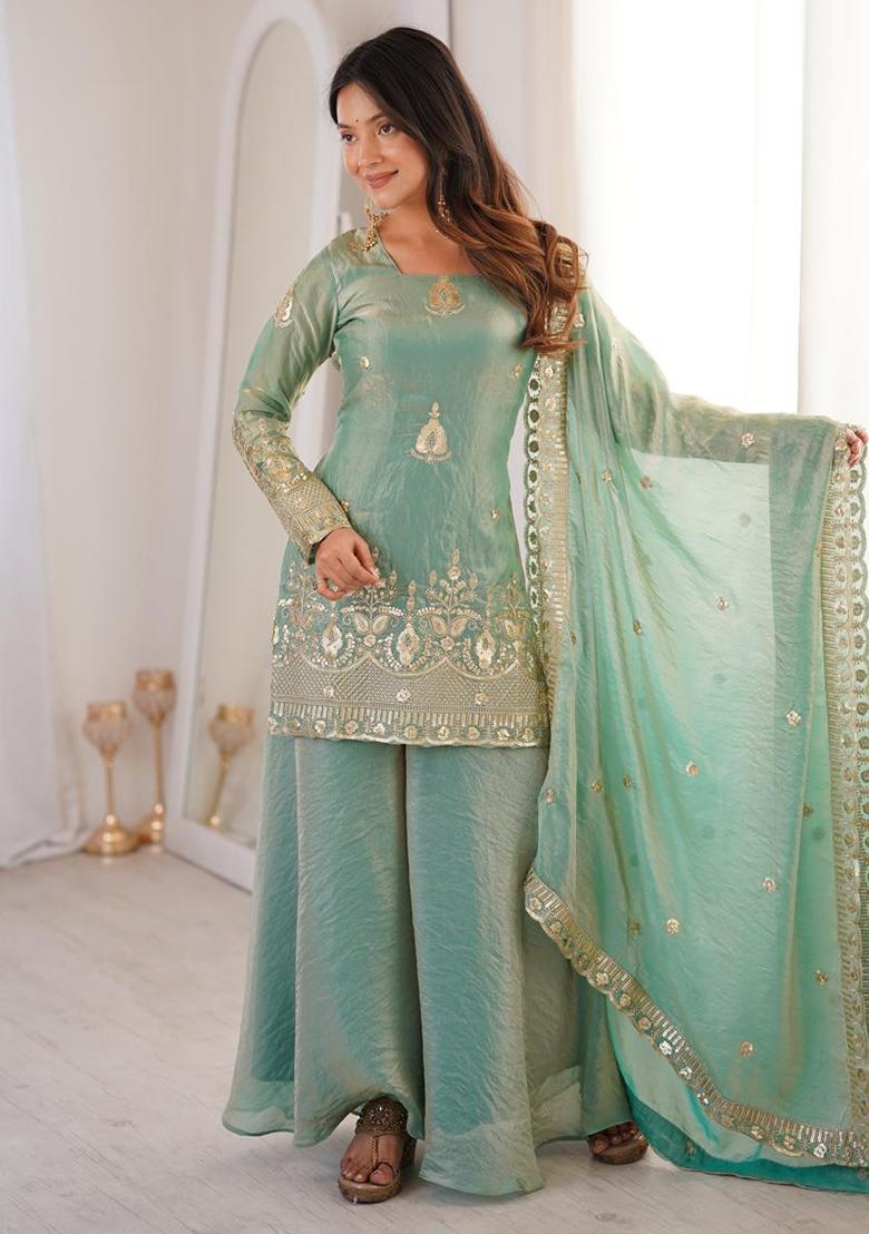 Teal Lace Border Silk Palazzo Set - Indya