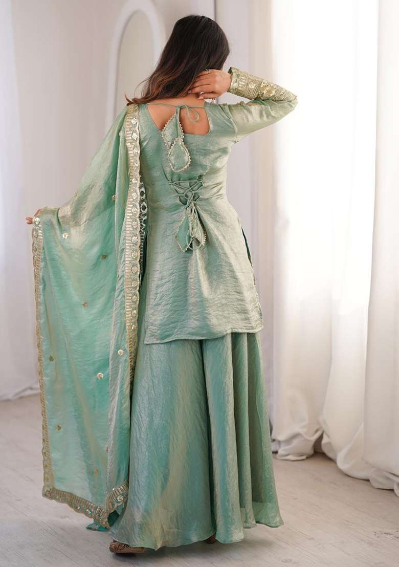 Teal Lace Border Silk Palazzo Set - Indya