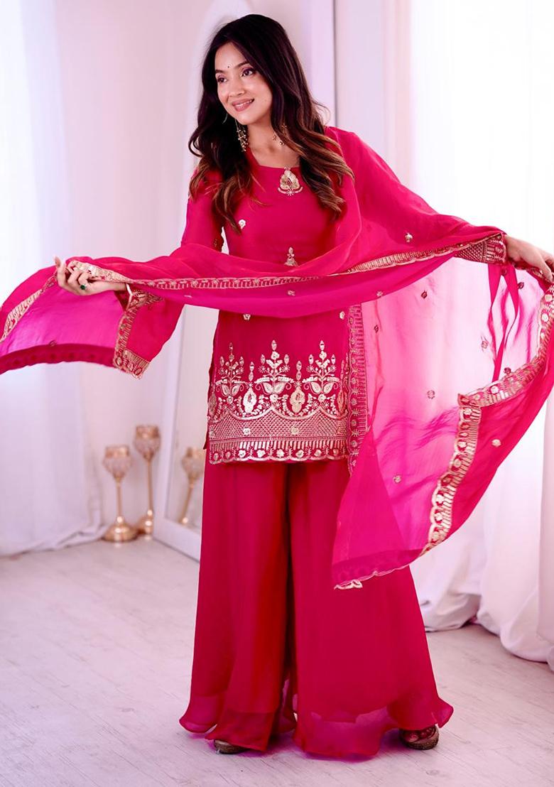 Baby Pink Lace Border Silk Palazzo Set - Indya