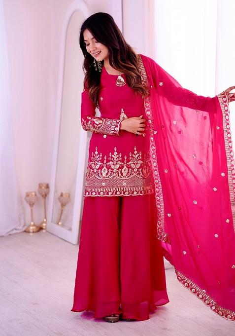 Baby Pink Lace Border Silk Palazzo Set