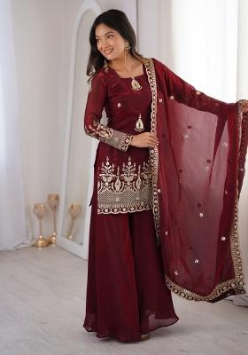 Maroon Lace Border Silk Palazzo Set