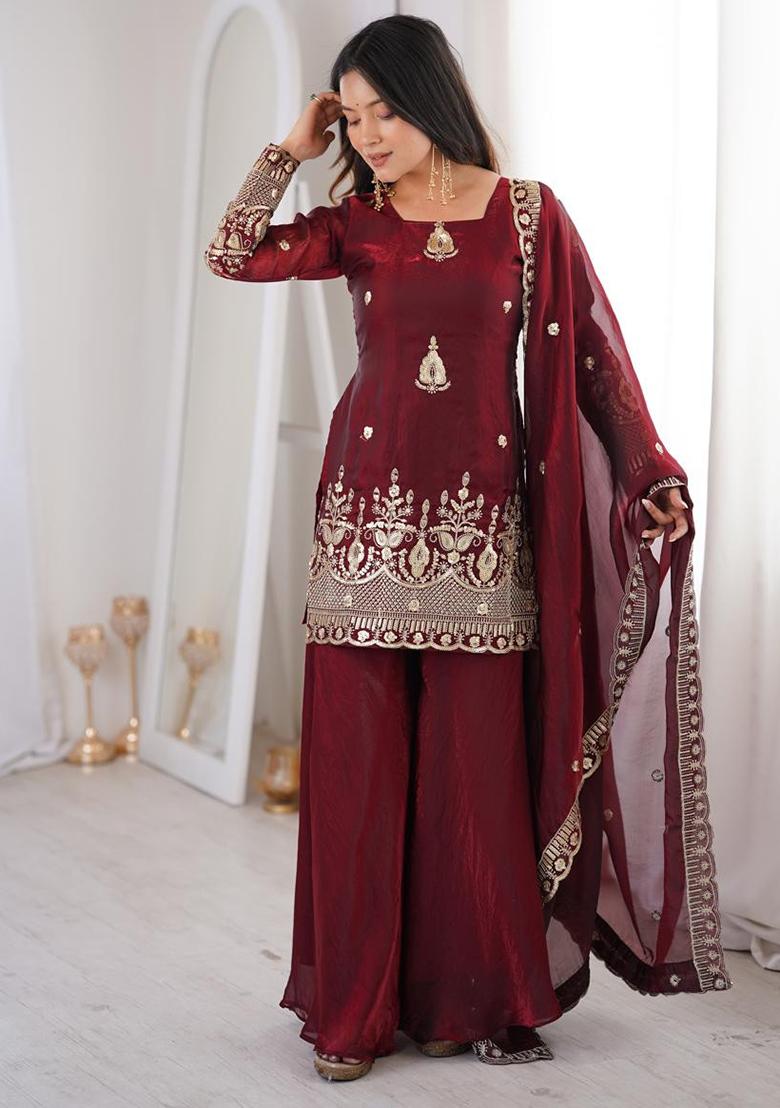 Maroon Lace Border Silk Palazzo Set - Indya