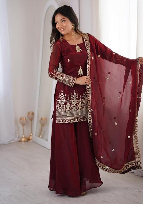 Maroon Lace Border Silk Palazzo Set