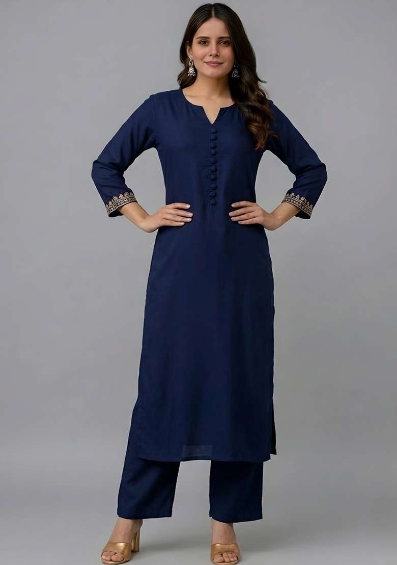 Navy Blue Solid Rayon Straight Kurta Set - Indya