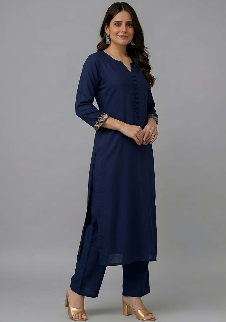 Navy Blue Solid Rayon Straight Kurta Set - Indya