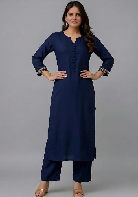 Navy Blue Solid Rayon Straight Kurta Set