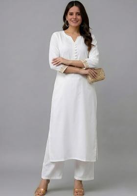 White Embroidery Rayon Kurta Set