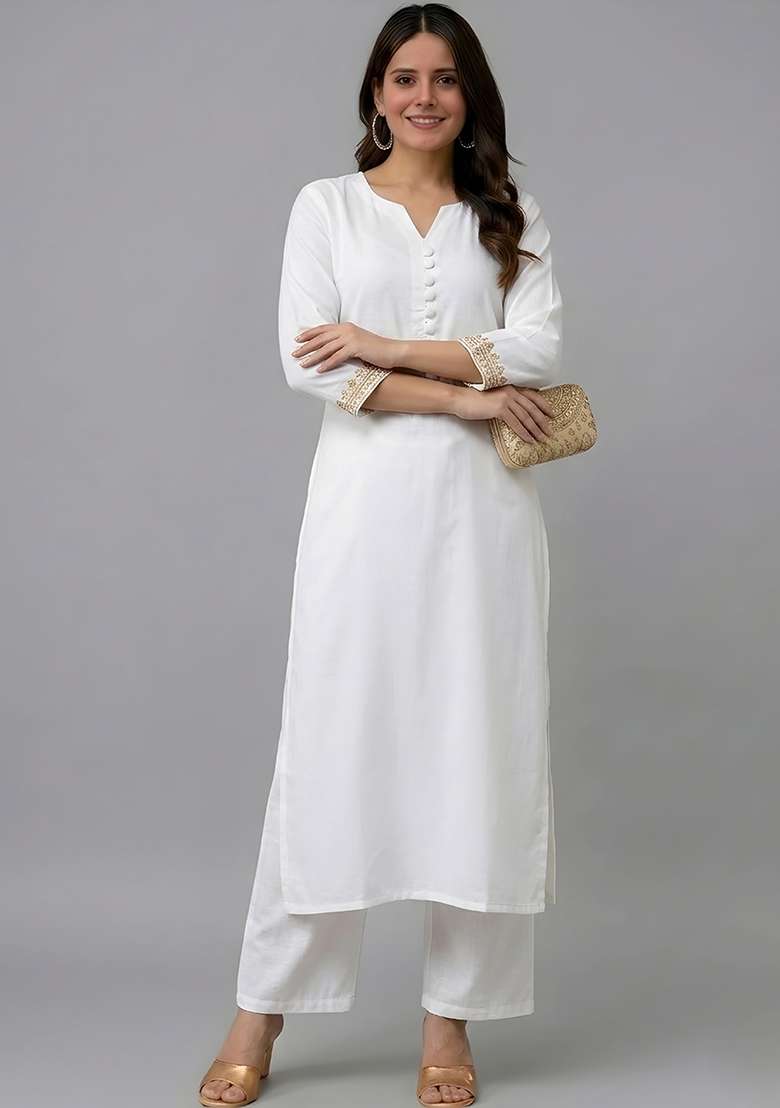 White Embroidery Rayon Kurta Set - Indya