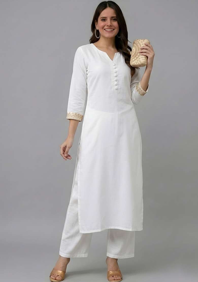 White Embroidery Rayon Kurta Set - Indya