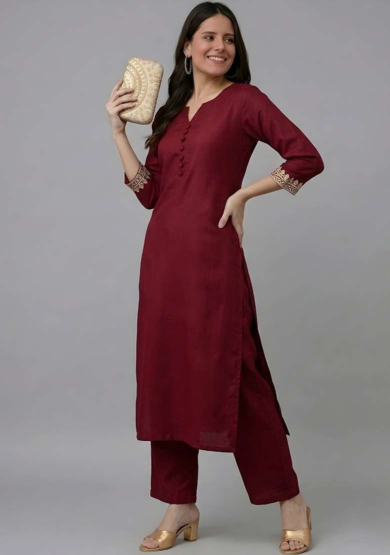 Maroon Solid Rayon Straight Kurta Set - Indya