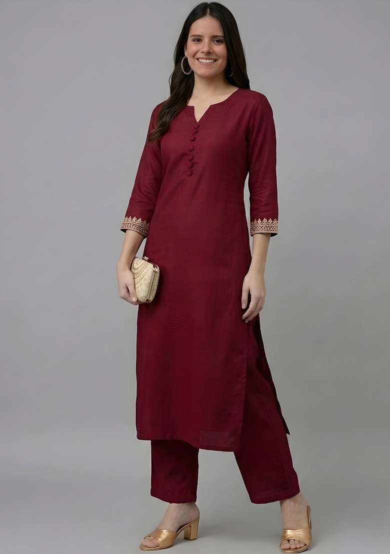 Maroon Solid Rayon Straight Kurta Set - Indya
