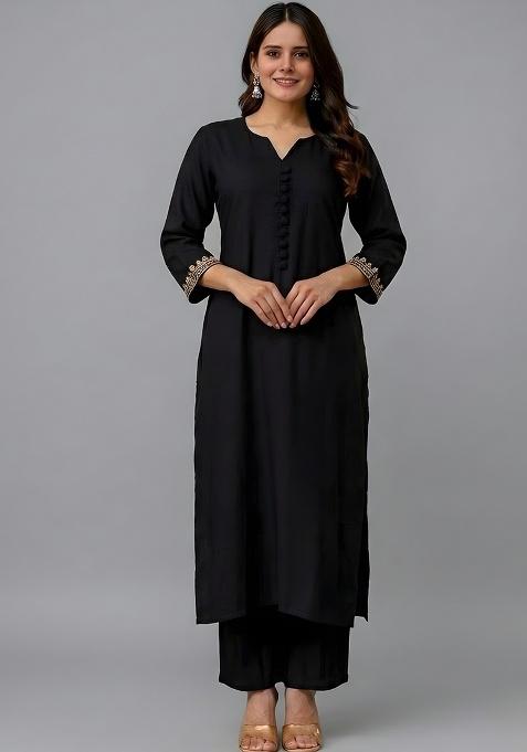 Black Solid Rayon Straight Kurta Set