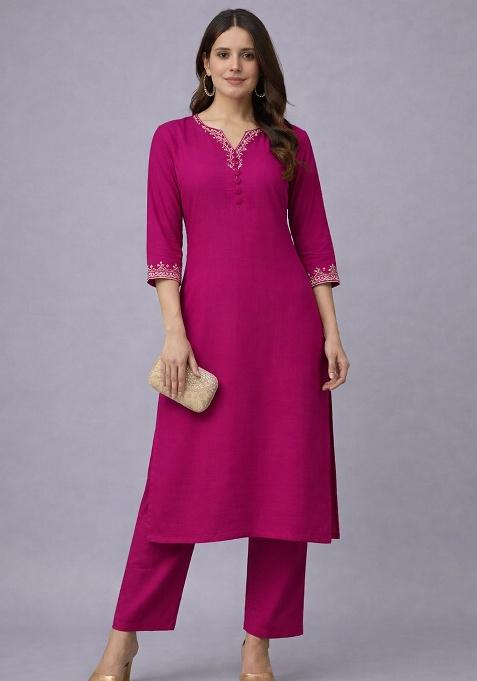 Pink Embroidered Rayon Straight Kurta Set