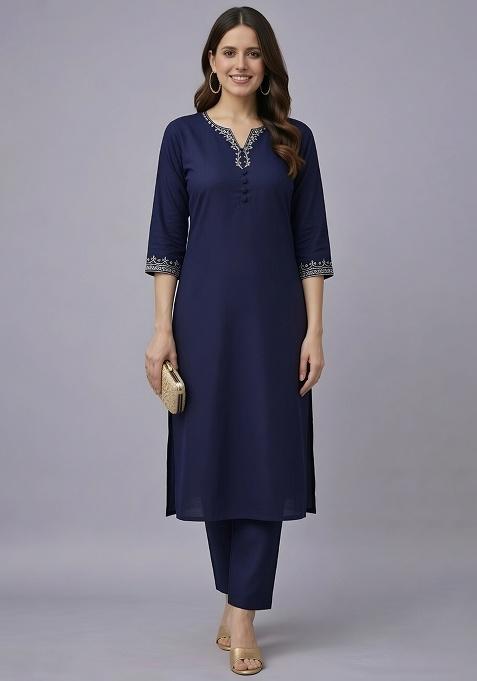 Navy Blue Embroidered Rayon Straight Kurta Set