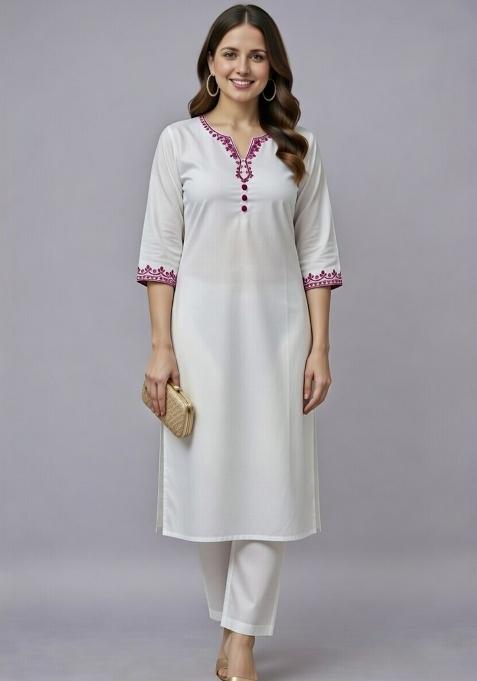 White Embroidered Rayon Straight Kurta Set