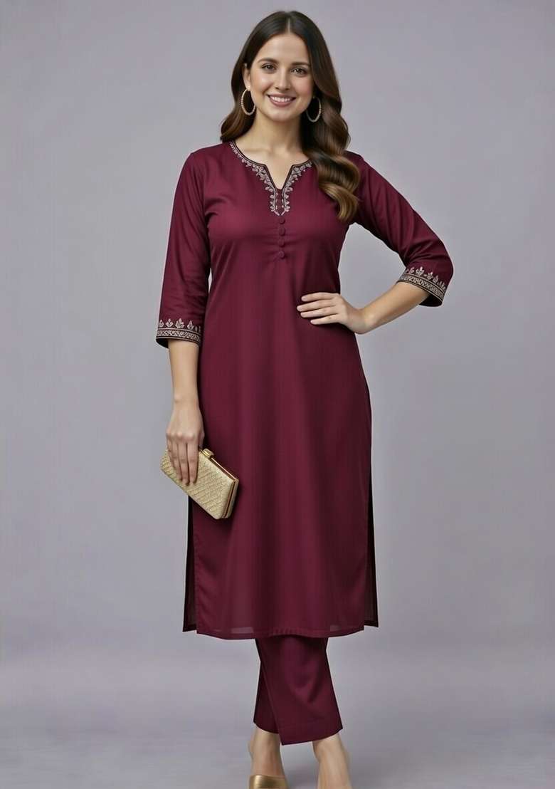 Maroon Embroidered Rayon Straight Kurta Set - Indya
