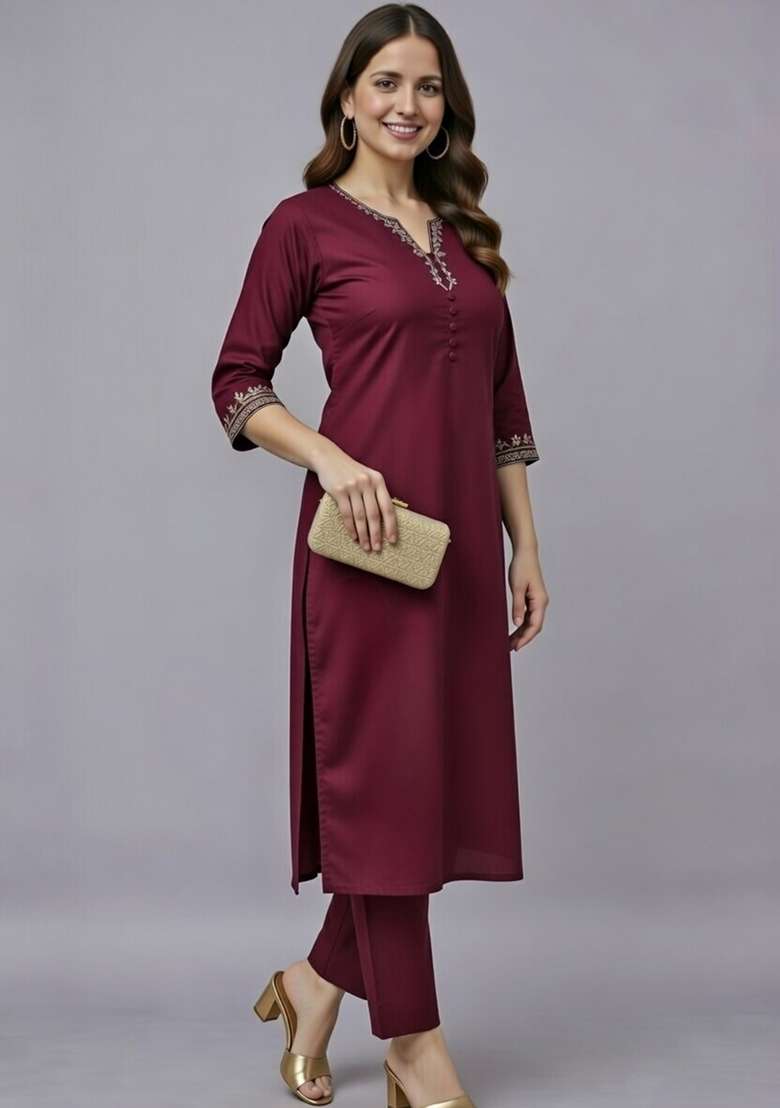 Maroon Embroidered Rayon Straight Kurta Set - Indya