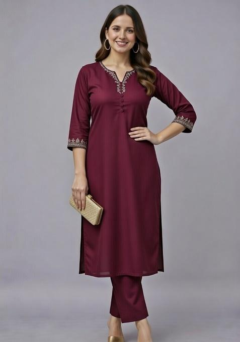 Maroon Embroidered Rayon Straight Kurta Set