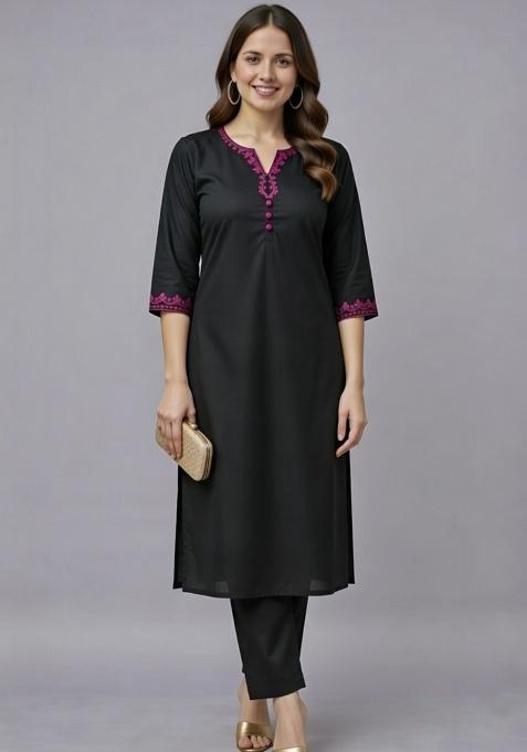 Black Embroidered Rayon Straight Kurta Set