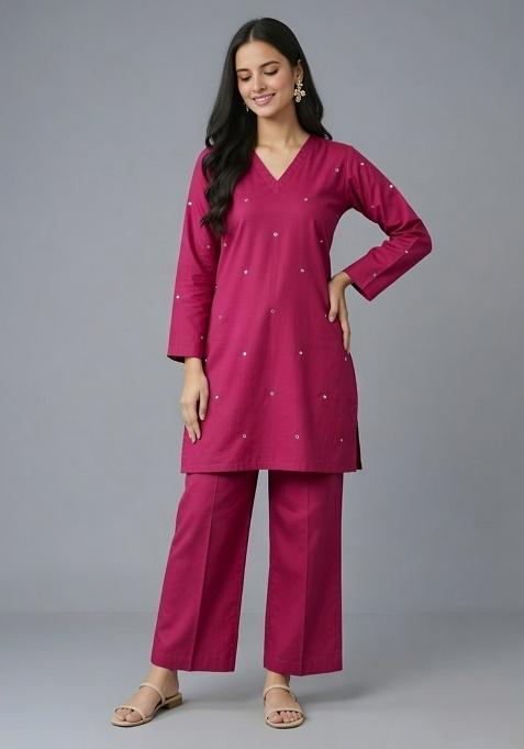 Pink Embellished Rayon Co Ord Set