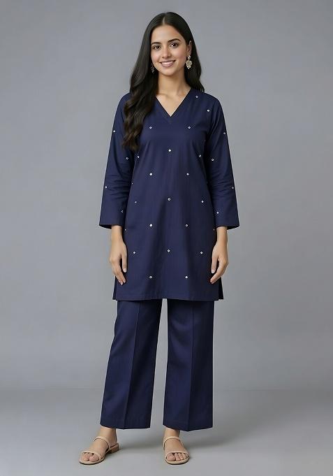 Navy Blue Embellished Rayon Co Ord Set