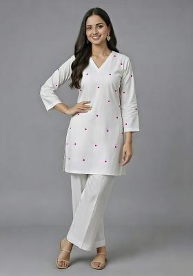 White Embroidered Rayon Co Ord Set