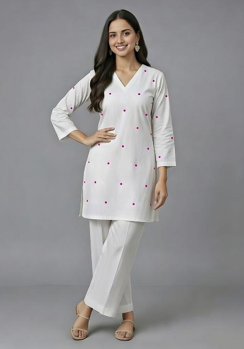 White Embroidered Rayon Co Ord Set