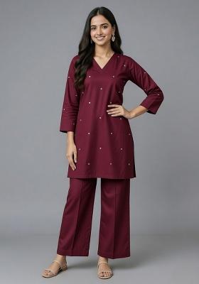Maroon Mirror Work Rayon Co Ord Set