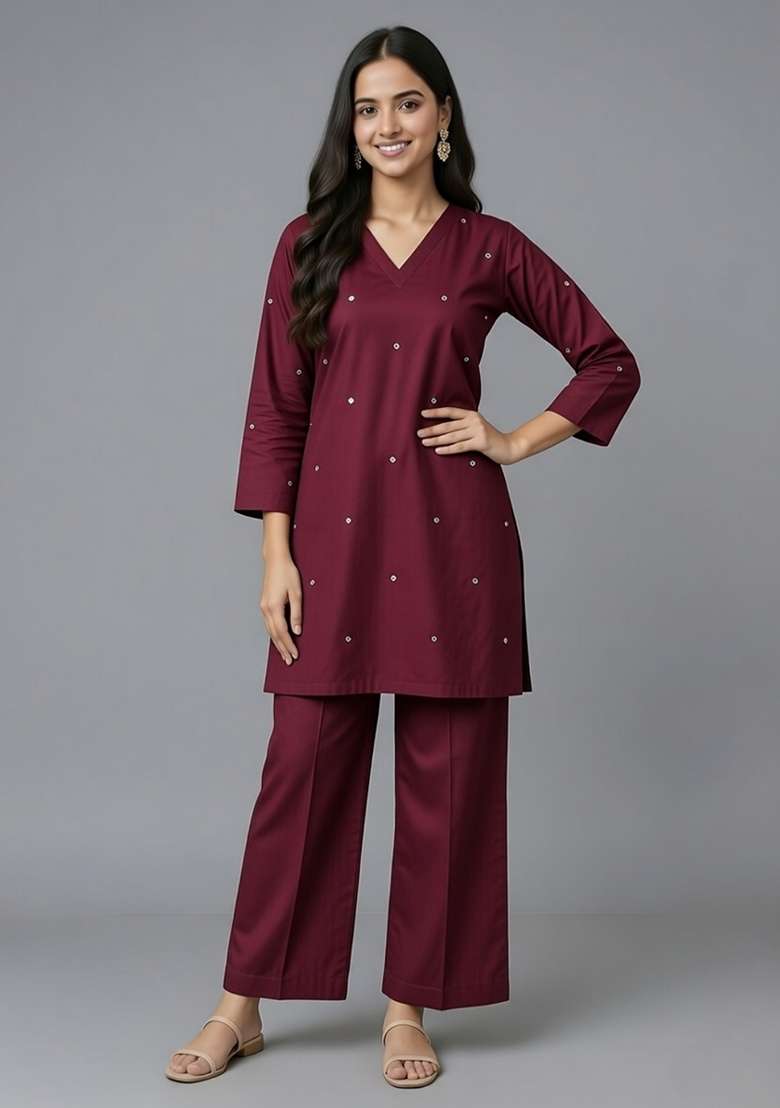 Maroon Mirror Work Rayon Co Ord Set - Indya