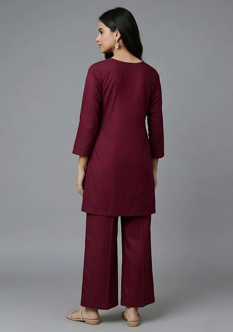 Maroon Mirror Work Rayon Co Ord Set - Indya