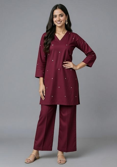 Maroon Mirror Work Rayon Co Ord Set