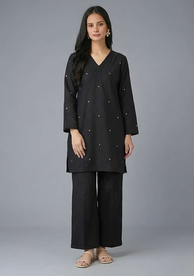 Black Embellished Rayon Co Ord Set - Indya