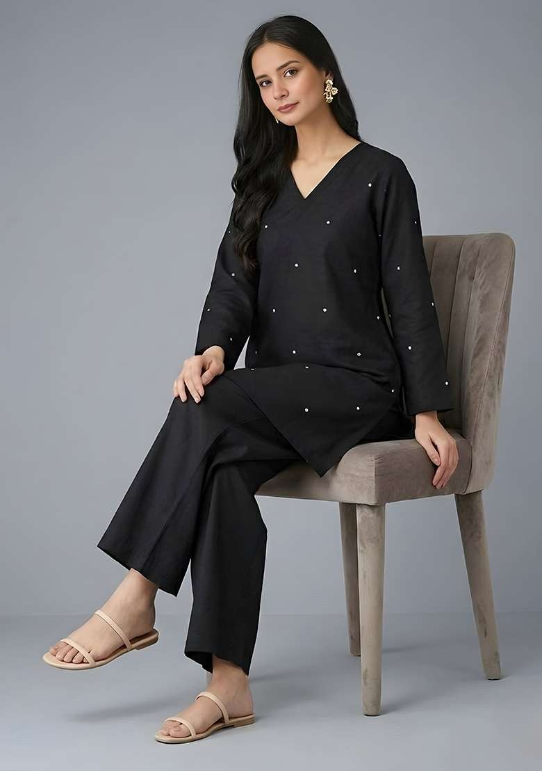 Black Embellished Rayon Co Ord Set - Indya