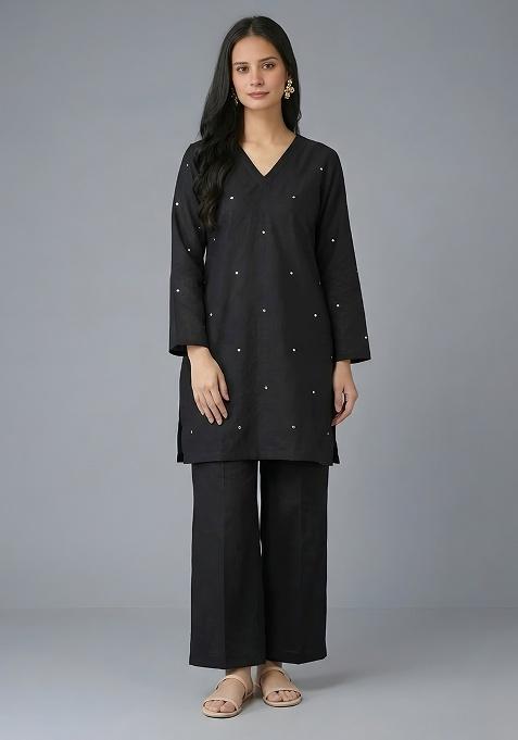 Black Embellished Rayon Co Ord Set