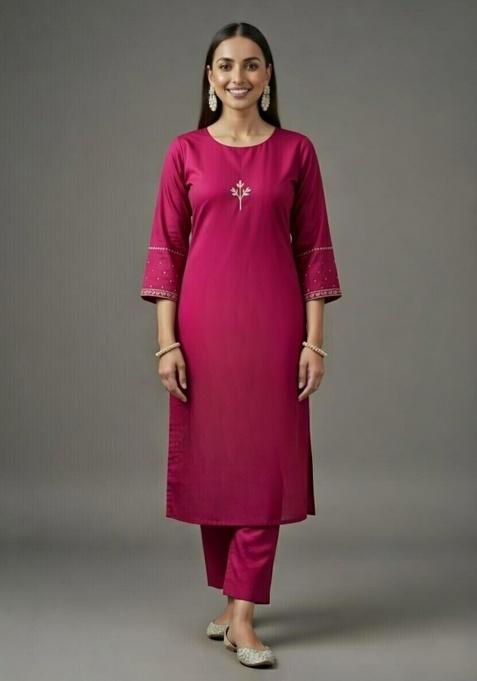 Pink Embroidered Rayon Straight Kurta Set