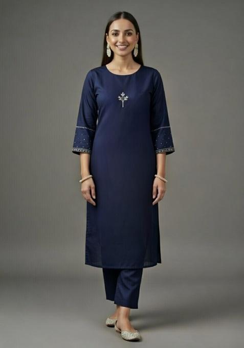 Navy Blue Embroidered Rayon Straight Kurta Set