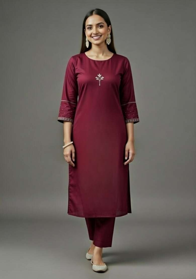 Maroon Embroidered Rayon Straight Kurta Set - Indya