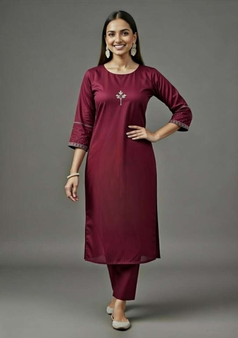 Maroon Embroidered Rayon Straight Kurta Set - Indya
