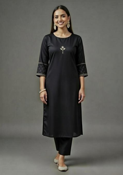 Black Embroidered Rayon Straight Kurta Set